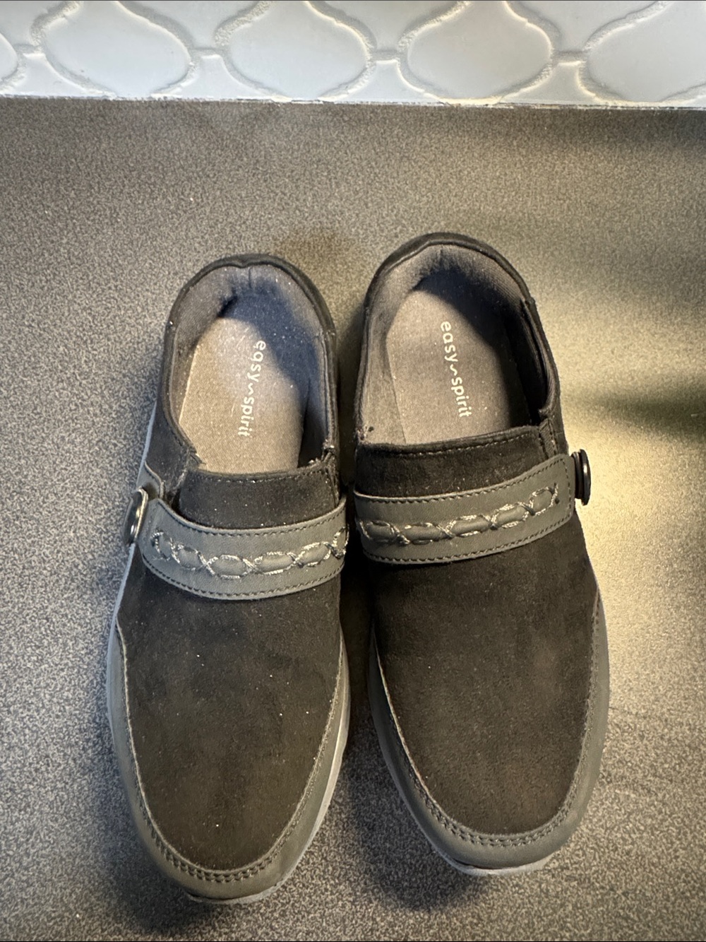 Easy Spirit women’s  Black Suede Slip-On Loafers with Decorative Strap